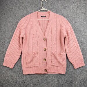 Women's Cable Knit Oversized Cardigan Sweater Size Small Chunky Knit Pink Preppy